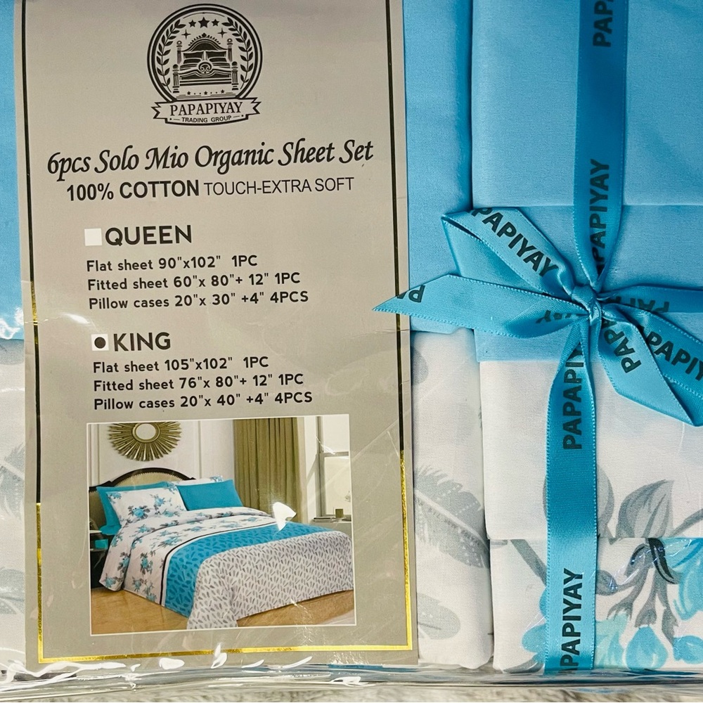 Papaya Blue and White Cotton Sheet Set